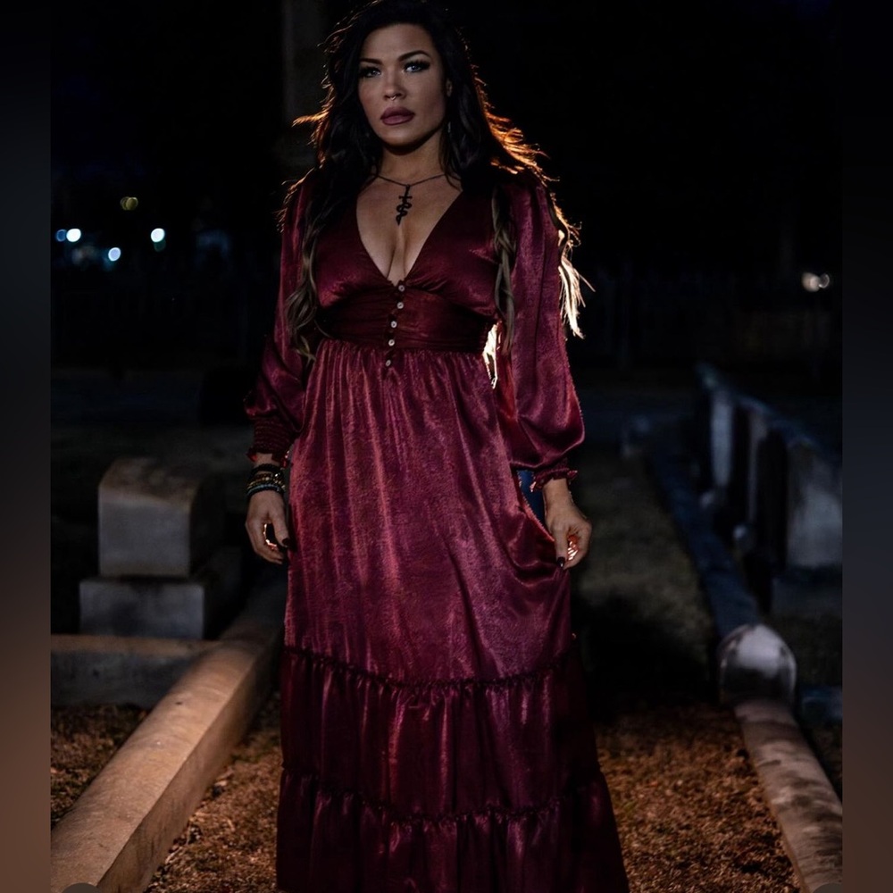 Bohemian long sleeved maroon maxi dress